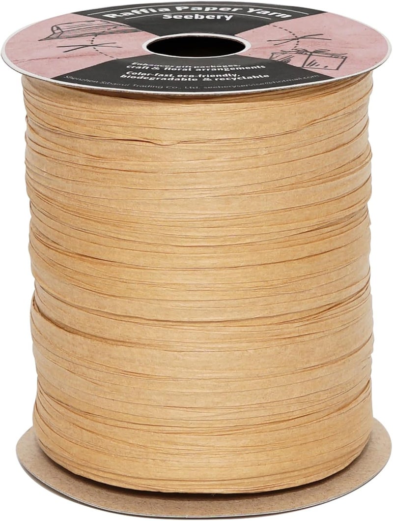 SEEBERY Raffia Ribbon for Crafts - Raffia Yarn Grass Twine for Gift Wrapping, DIY Decoration & More | Matte String Paper Rope for Crochet, 1/4'' Wide, 100 Yards - Kraft - Image 1